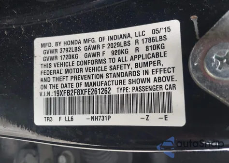 2015 Honda Civic Ex from USA, damaged, VIN 19XFB2F8XFE261262